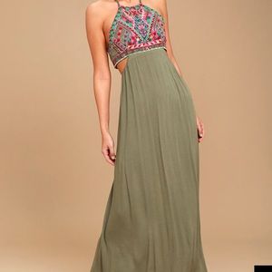 Lulus Olive Green Embroidered Maxi Dress